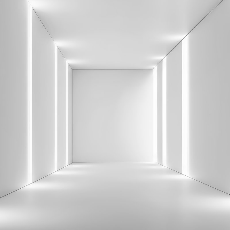 A minimalist, empty white room with clean lines and a glossy floor. The walls, ceiling, and floor are uniformly white, with subtle vertical lighting along the walls creating a serene and futuristic atmosphere.